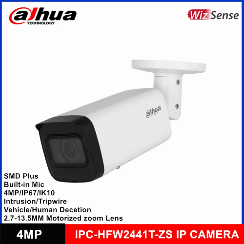 DAHUA DAHUA IPC-HFW2441T-ZAS-2713 4Mpix, 2,7-13,5mm  Motoriz Lens, H265+,Starlight, 60Mt Gece Görüşü, Dahili Mikrofon, IP67, PoE Bullet IP Kamera