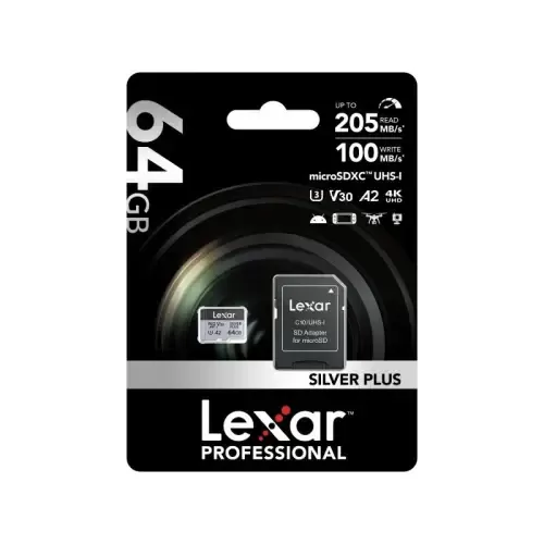 LEXAR 64GB LMSSIPL064G-BNANG MICROSD HIGH-PERFORMANCE SILVER PLUS MICROSDXC UHS-I UP TO 205MB/S READ 100MB/S WRITE C10 A2 V30 U3