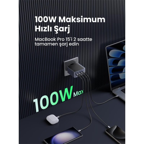 UGREEN NEXODE AIR 100W GAN HIZLI ŞARJ CİHAZI TYPE-C QC PD 3XUSB-C 1XUSB-A GRİ 35043