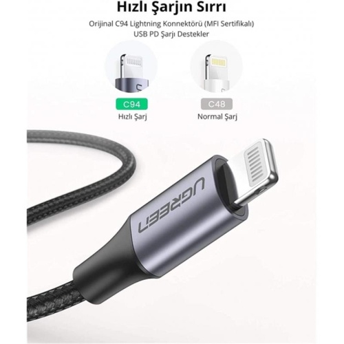 UGREEN TYPE-C TO LIGHTNING 3A PD MFİ SERTİFİKALI ÖRGÜLÜ HIZLI ŞARJ KABLOSU 2 MT SİYAH 60761