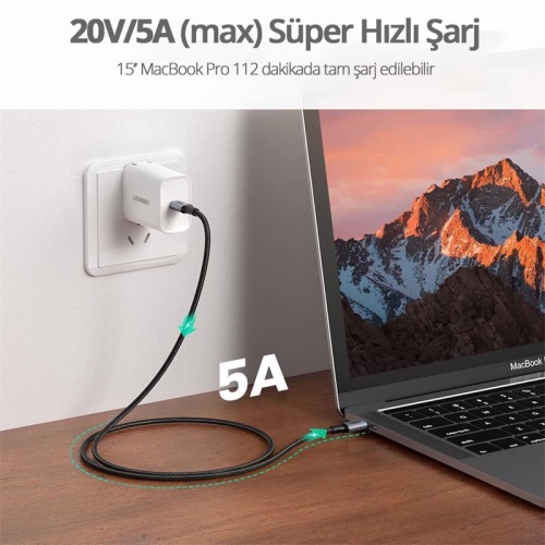 UGREEN USB-C 100W 5A QC PD ÖRGÜLÜ HIZLI ŞARJ KABLOSU 1 MT SİYAH 70427