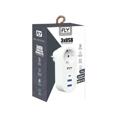 FLY  3400-01, 1 Soket, 2 USB, 1 TYPE-C, Akım Korumalı Priz, 2.1A, (Beyaz)