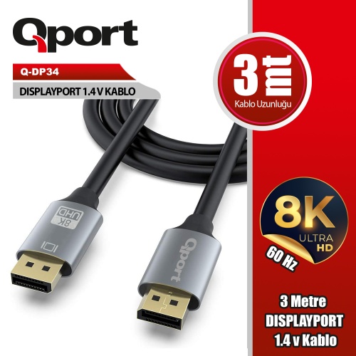 QPORT (Q-DP34) DISPLAY PORT 3 METRE KABLO