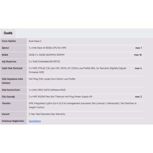 HPE ML110 Gen11 3508U 1P 32GB-2x2TB-2X1000W