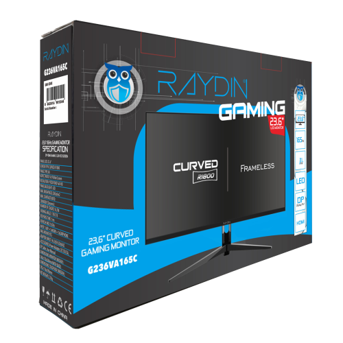 RAYDIN G236VA165C, 23.6&quot;, 1ms, 165Hz, Full HD, HDMI, DP, USB, Hoparlör, VA LED, R1800 Curved, Frameless, FreeSync Gaming Monitör