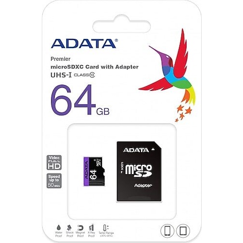 ADATA AUSDX64GUICL10-RA1 PREMIER 64GB 80MB/s CLASS10 A1 ADAPTÖRLÜ MICROSDHC HAFIZA KARTI