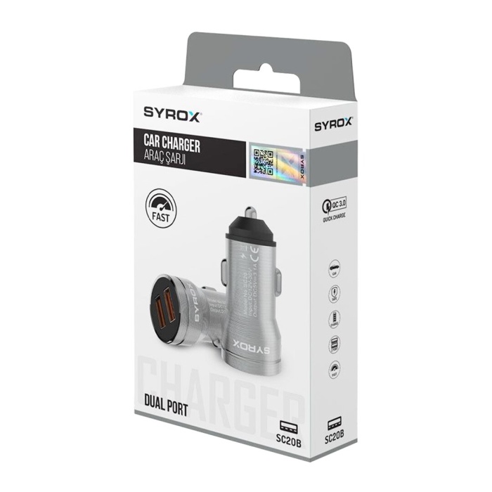 SYROX SC20B ( ÇİFT USB GİRİŞ ) ( METAL ) ARAÇ OTO ÇAKMAKLIK ( HIZLI ŞARJ ) BAŞLIK 3.1A*32