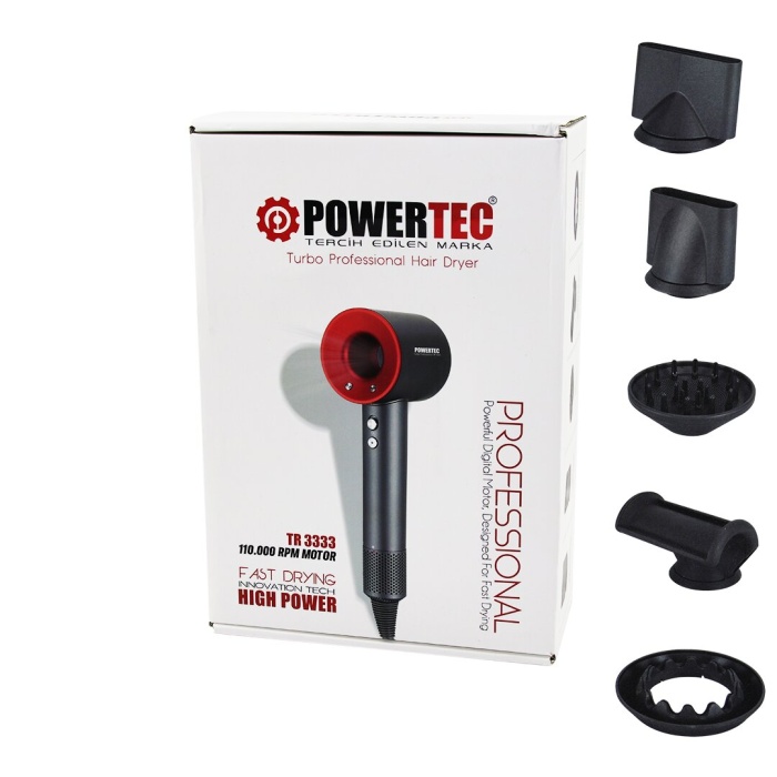 POWERTEC TR-3333 PLAZMA SAÇ KURUTMA & FÖN MAKİNESİ TURBO PROF. ( 5PCS UÇ & 3 KADEME SICAKLIK & HASSASİYET HIZLI KURUTMA )*10