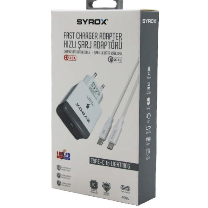 SYROX PD18L ( İPHONE ) ( TYPE-C TO LIGHTNING ) ( HIZLI ) EV ŞARJ SETİ 3.0A 18W PD*200