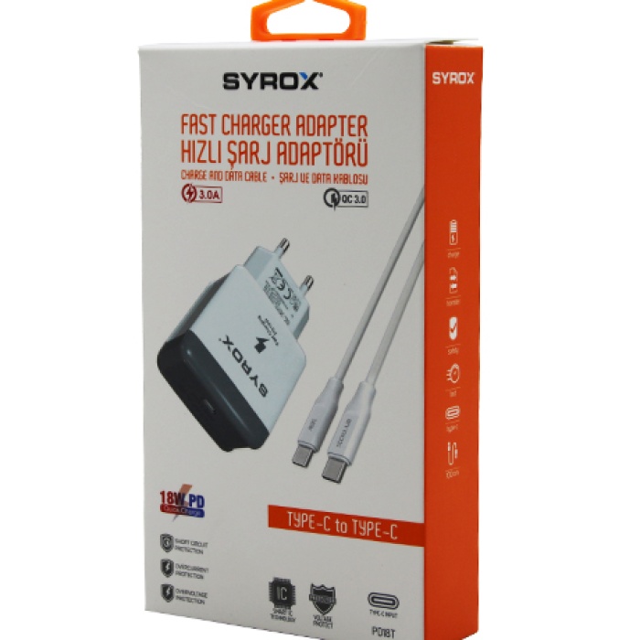 SYROX PD18T FAST CHARGER ( TYPE-C & TO & TYPE-C ) ( HIZLI ) ( SET ) EV ŞARJ ALETİ 3.0A 18W PD*200