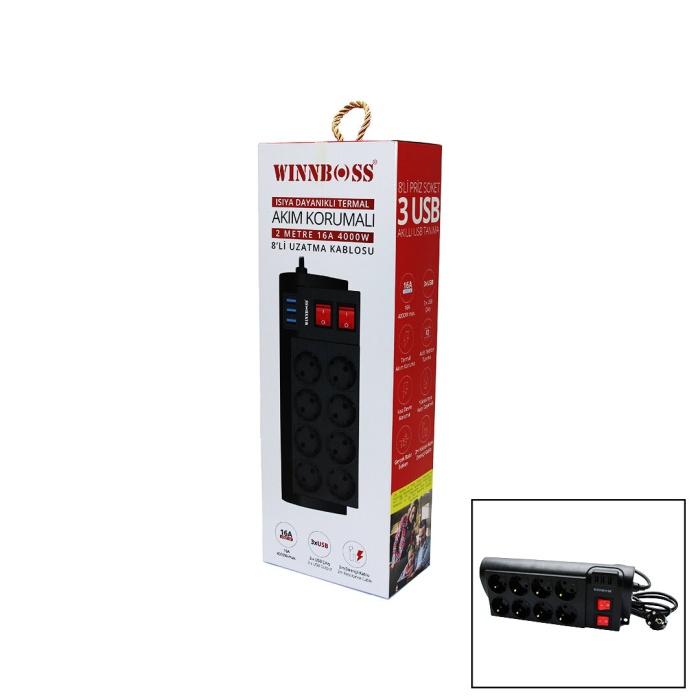 WINBOSS-3411 TERMAL AKIM KORUMALI ( 16A ) ( 8Lİ PRİZ ) ( 3XUSB ) ( 2MT ) ANAHTARLI UZATMA KABLO SİYAH*30