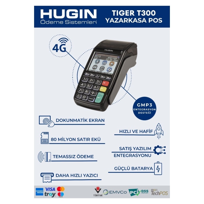 Hugin Tiger T300 4G Yeni Nesil Yazarkasa-Pos Cihazı, Dokunmatik ekran ve Temassız Ödeme