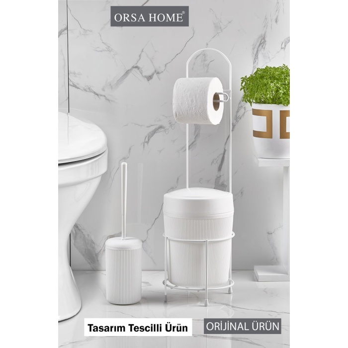 Orsa Home 390 Yuvarlak Kovalı Wc Kağıtlık Ve Tuvalet Fırça Seti Beyaz x 4 adet