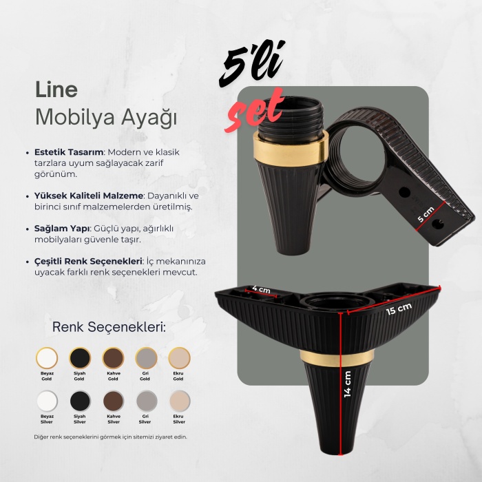 14 cm Line Mobilya Ayağı Siyah (Gold) 5 Adet | Liz Aksesuar