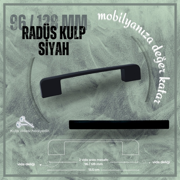 Radüs Çekmece Dolap Banyo Kulp|Siyah Çift Delikli 96-128mm