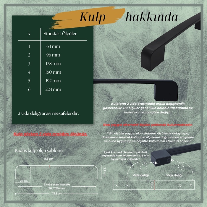 Radüs Çekmece Dolap Banyo Kulp|Siyah Çift Delikli 96-128mm