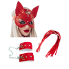 Fantezi Deri Seksi Kırmızı Kedi Maske Kelepçe Kırbaç Seti ( 3lü set) BC5367