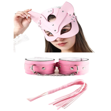 Fantezi Deri Seksi Pembe Kedi Maske Kelepçe Kırbaç Seti ( 3lü set) BC5368