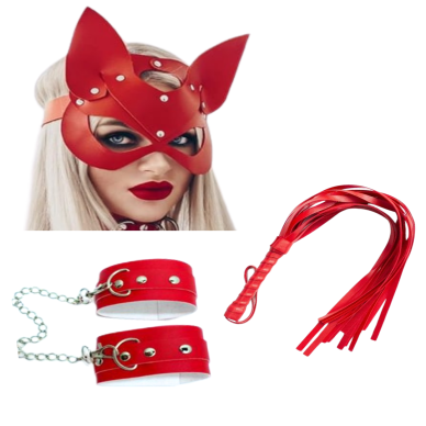 Fantezi Deri Seksi Kırmızı Kedi Maske Kelepçe Kırbaç Seti ( 3lü set) BC5367