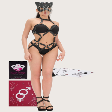 Sexi Görselli Oyun Siyah Babdoll Deri Kastüm Model  Set BK1079