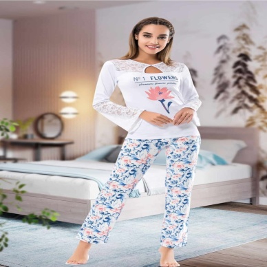 Derya Kurşun Uzun Kol Dantelli Kadın Pijama Takım 1115