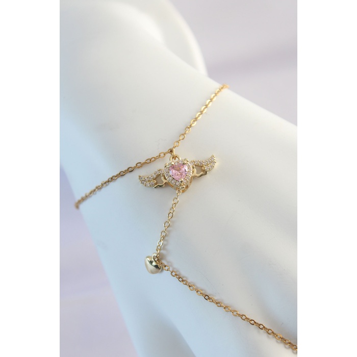 316l Çelik Gold Renk Pembe Zirkon Taşlı Kanatlı Kalp Model Şahmeran - Tj-sn585