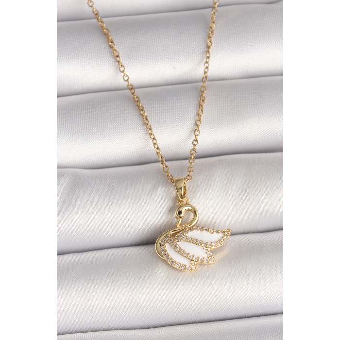 316l Çelik Gold Renk Zincir Zirkon Taşlı Kuğu Model Kadın Kolye - Tj-bko9996