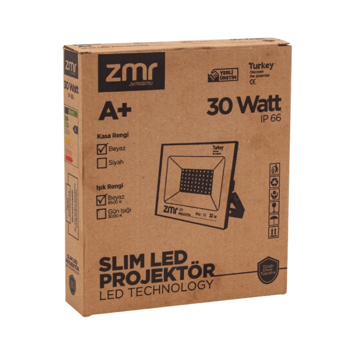 ZMR 30 WATT - 220 VOLT 6500K IP66 150* IŞIK AÇISI SİYAH SLİM KASA LED PROJEKTÖR