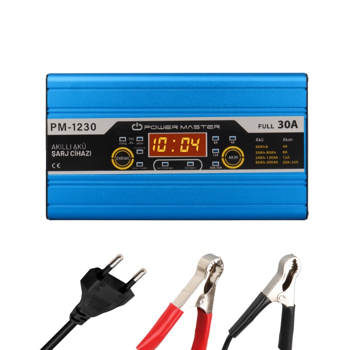 POWERMASTER PM-1230 12 VOLT MAX 30 AMPER LCD EKRANLI KURU - ASİT - JEL AKÜ ŞARJ CİHAZI