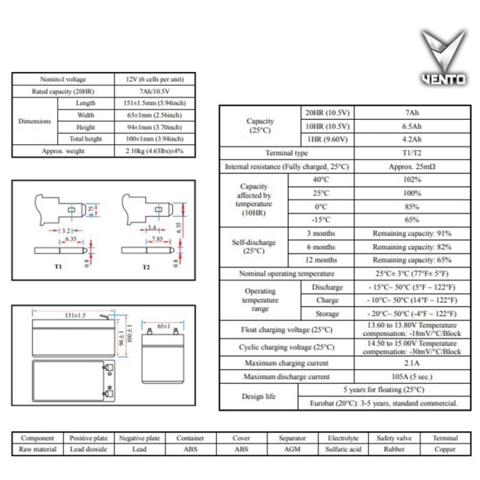 VENTO VB127AS 12V 7AH BAKIMSIZ KURU AKÜ