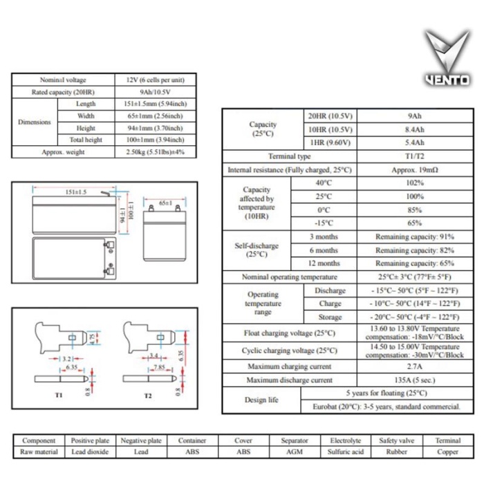 VENTO VB129AS 12V 9AH BAKIMSIZ KURU AKÜ