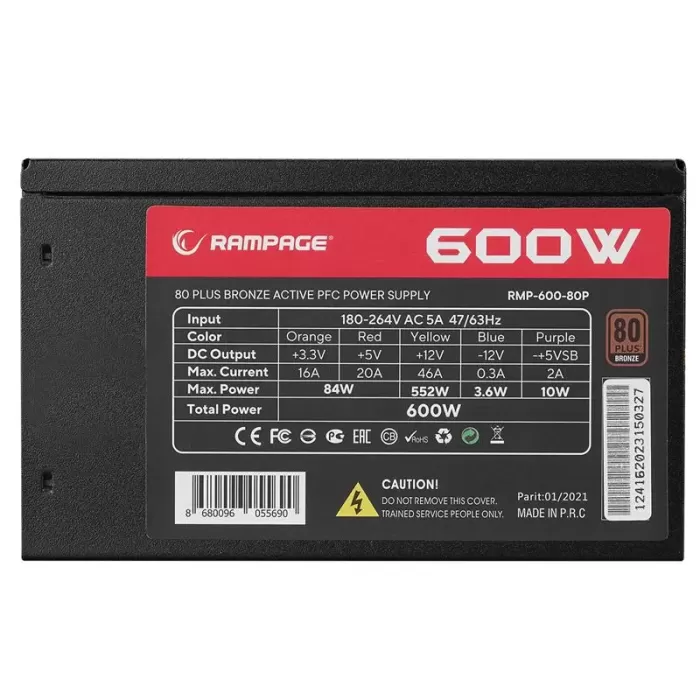 RAMPAGE RMP-600-80P 600W 80PLUS BRONZE 12CM FAN AKTİF PFC POWER SUPPLY