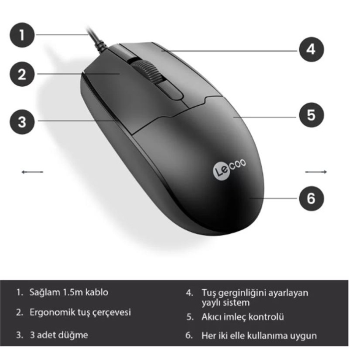 LENOVO LECOO USB OPTİK KABLOLU MOUSE SİYAH MS101