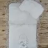 Yenidoğan Bal Peteği Taç Nakışlı Kundaklı Trilüks 3lü Alt Açma Seti Ekru