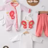 Kelebek Nakışlı Puanlı Tulumlu % 100 Pamuk Kız Bebek 5li Set