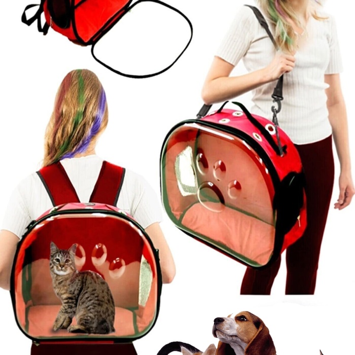 Elips Kedi Taşıma Çantası Kırmızı - El, Omuz ve Sırt Çantası, 6 Hava Kanalı, 2 Fileli Cep
