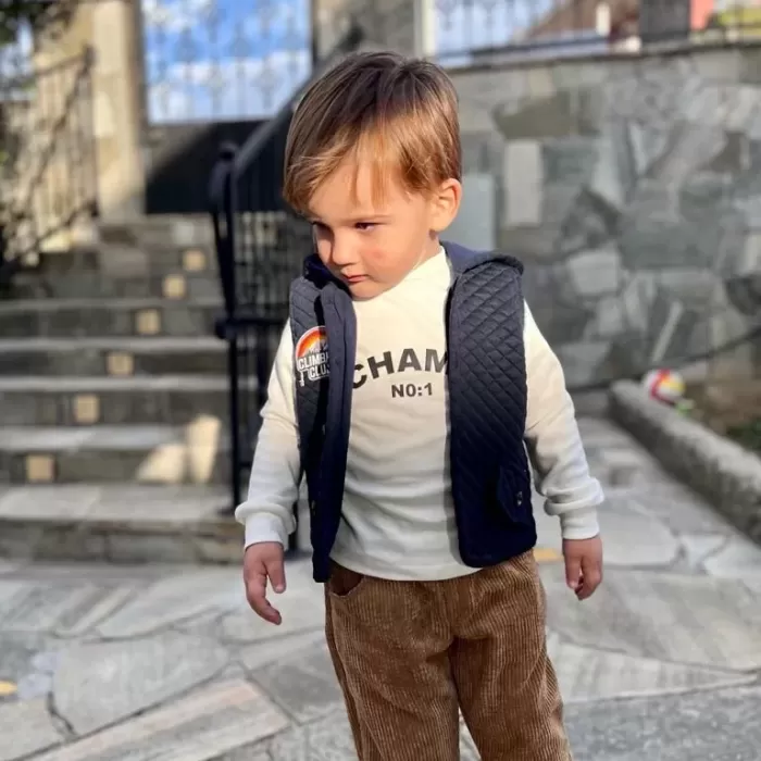Fitilli Kadife Pantolon Kapitone Kapşonlu Yelek Uzun Kollu Sweat 3lü Erkek Çocuk Takımı Füme