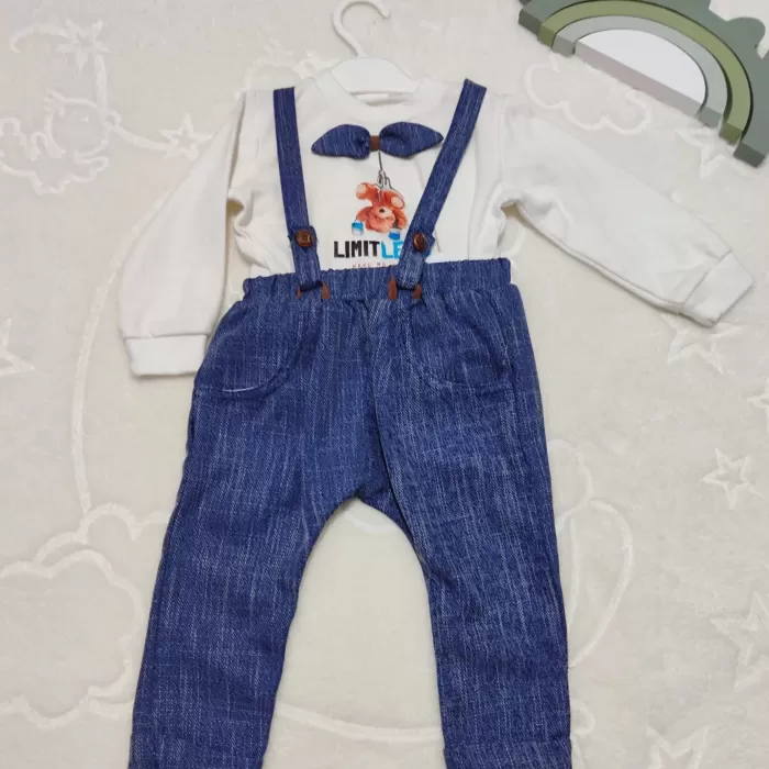 Papyonlu Sweat Kot Pantolon 2li Erkek Bebek Salopet Takımı Lacivert