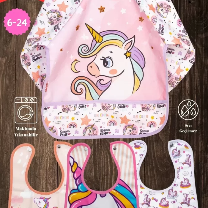 Unicorn Desen 4lü Set Eko Sıvı Geçirmez Aktivite Ve Mama Önlüğü Kendi Kutusunda 6-24 Ay