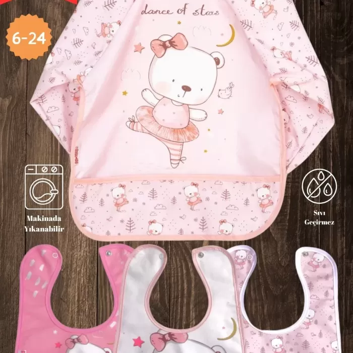 Sevimli Ayı Desen 4lü Set Eko Sıvı Geçirmez Aktivite Ve Mama Önlüğü Kendi Kutusunda 6-24 Ay