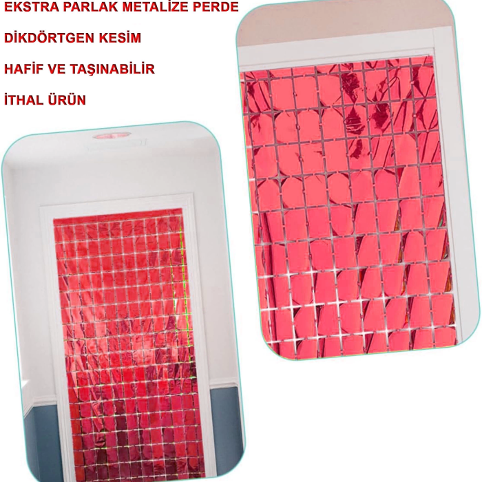Ekstra Metalize Kırmızı Renk Disko Dikdörtgen Kesim Kapı Perdesi Dekorasyon 1x2 Metre