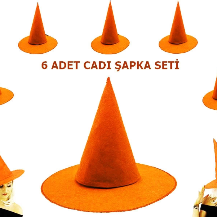 Turuncu Renk Keçe Cadı Şapkası Yetişkin Çocuk Uyumlu 6 Adet