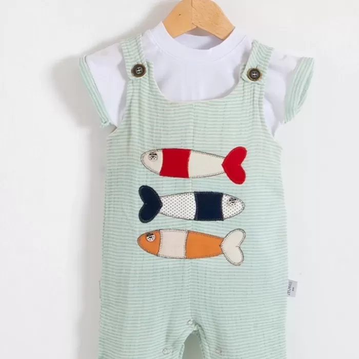Balık Nakışlı Kısa Kollu Erkek Bebek Tulumu