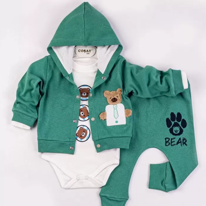 Bear Nakışlı Kapişonlu Erkek Bebek Takım