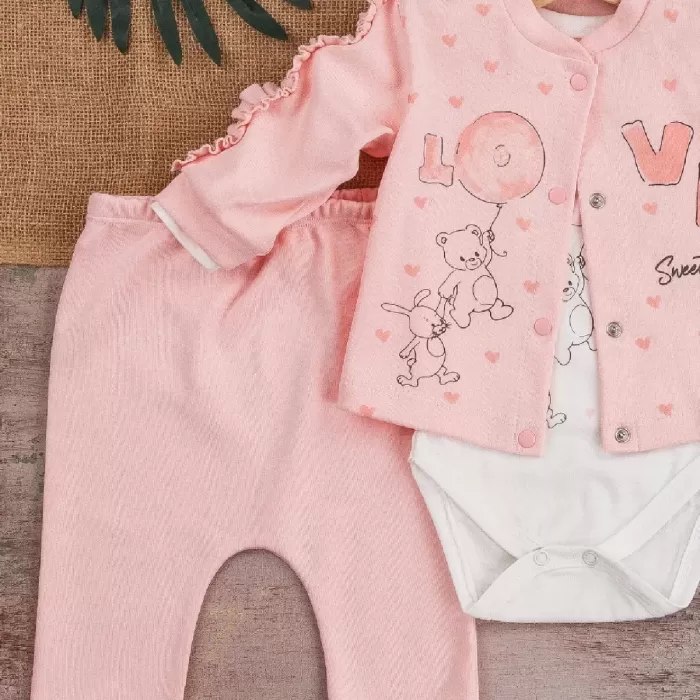 Love Tavşan Desenli Kol Detaylı 3lü Hırkalı Kız Bebek Takım