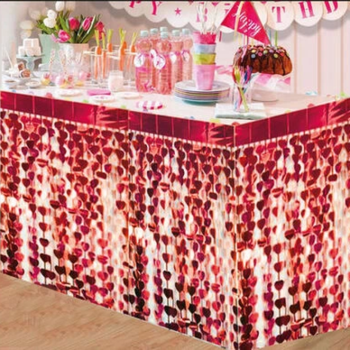 Püsküllü Işıltılı Metalize Kırmızı Kalpli Masa Eteği 75x360 Cm