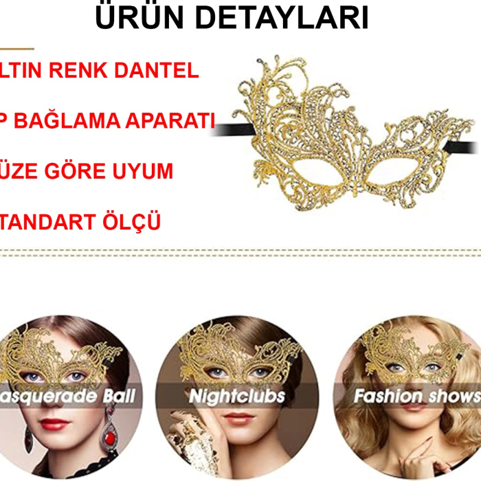 Altın Renk Dantel Maske Dantelli Parti Maskesi 16 No