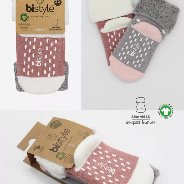Puanlı Kaymaz Havlu Soket Çorap 2li  Gri Pudra