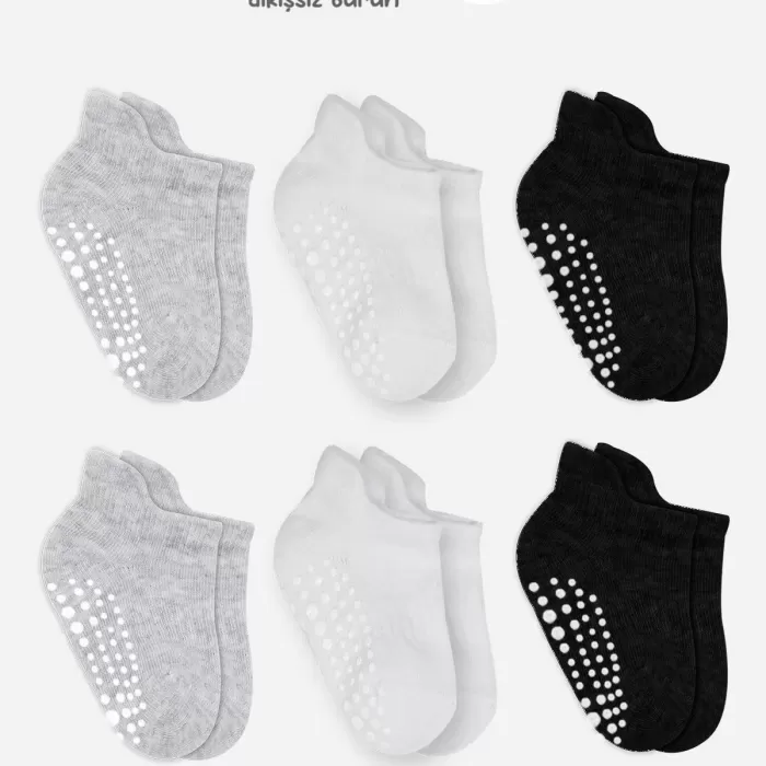 6lı Sneakers Kaymaz Penye Çorap Bs20102 Gri Beyaz Siyah