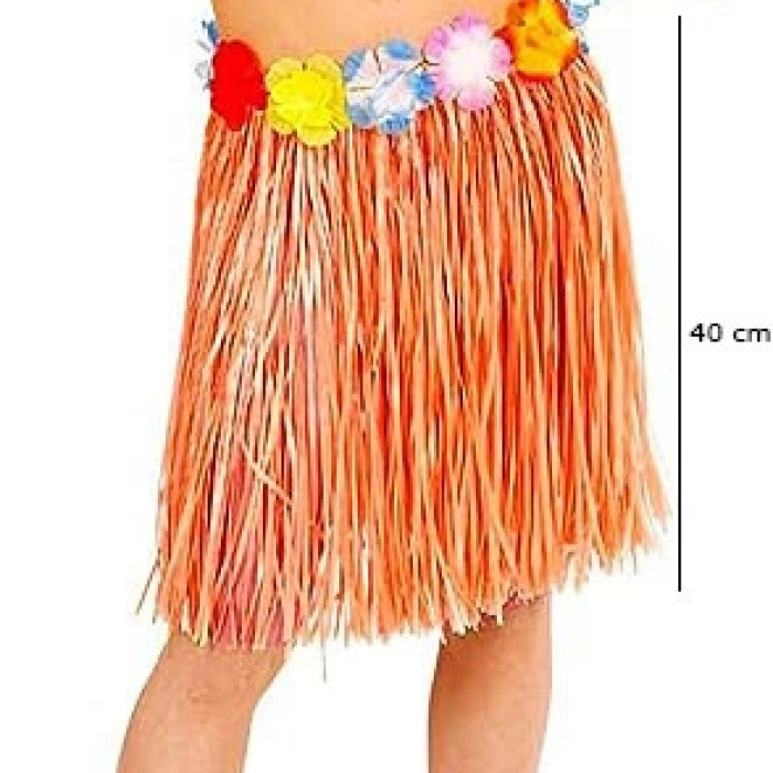 Yetişkin Ve Çocuk Uyumlu Turuncu Renk Püsküllü Hawaii Luau Hula Etek 40 Cm